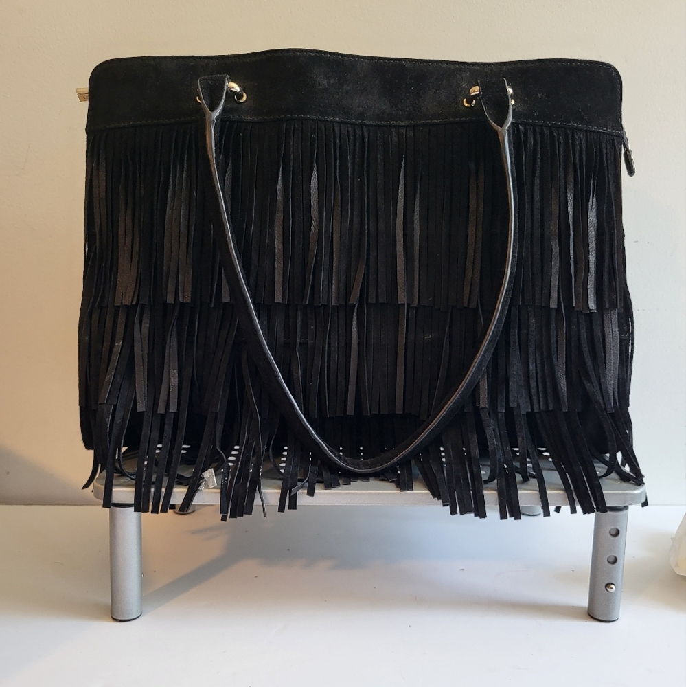 BLACK LEATHER/SUEDE DANIER FRINGE BAG
